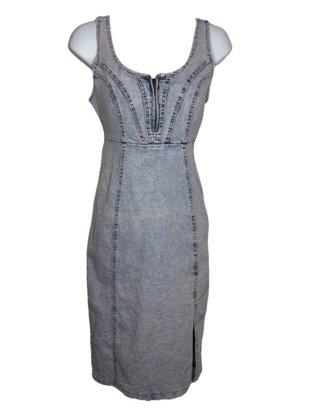Vintage 80s Denim Midi Pencil Dress Size XS Blue Acid Wash Stretch Zippers